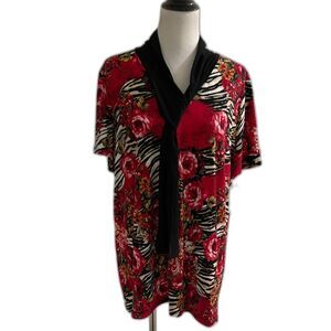 New Elan & Grace Plus Size Floral Red Black Multi Blouse Tie Neck Stretch 2X